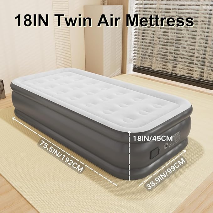 Air Mattress Twin with Built in Wireless Battery Pump,18'' Blow Up Inflatable Air Bed for Camping,Home,Thick Velvet Texture Waterproof,18''Grey