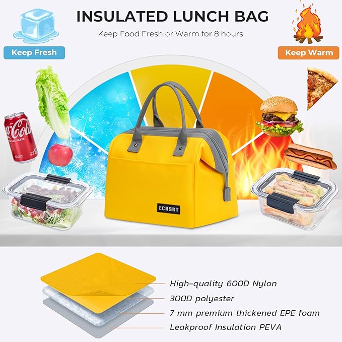 ECHSRT Large Insulated Lunch Bag for Women Men Leakproof Cooler Lunch Tote Bags for Work Travel Adult Thermal Lunchbox for Office -10L Yellow