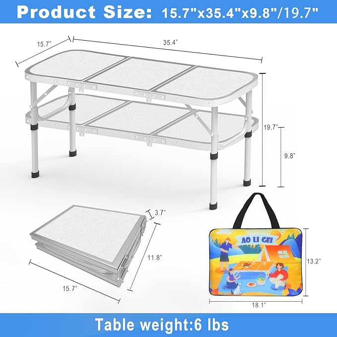 AO LI GEI Folding Camping Table Small with Storage Bag,Adjustable Height Portable Picnic Table,Upgraded Thickening Lightweight Outdoor Table Aluminum Legs (Sliver:15.7"x35.4", 2 Height:9.8"/19.7")
