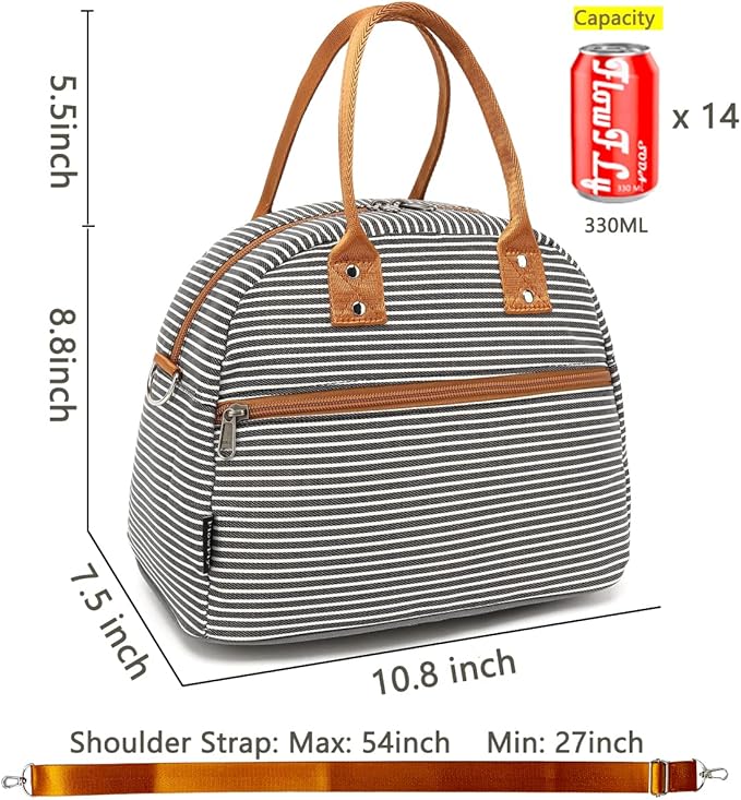 FlowFly Insulated Lunch Bag With Shoulder Strap for Women, Men, and Kids, Large and Reusable, Handle, Freezable Work and School Travel Tote and Meal Prep Organizer,White and Black Stripes