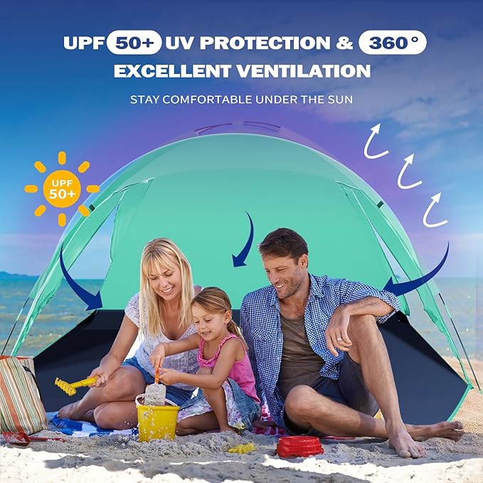 Beach Tent for 3-4 People, UPF50+ Sun Shelter with Breathable 3-Zipper Door Design, 8.0mm Reinforced Fiberglass Poles, Portable Shade Canopy for Beach & Camping (Green)