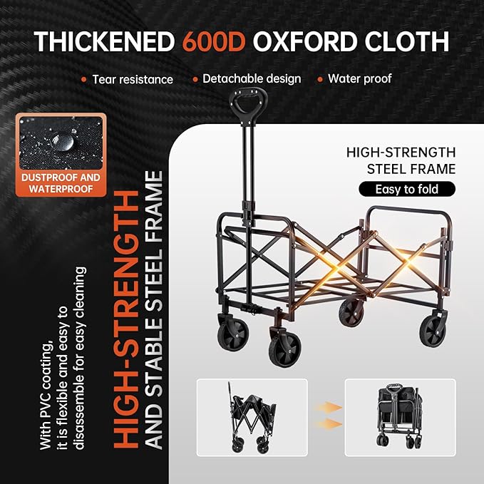 Collapsible Wagon Cart Foldable with All-Terrain Wheels, Foldable Wagon with Flexible Handle, Portable Folding Utility Grocery Shopping Cart for Grocery Sports Garden Camping