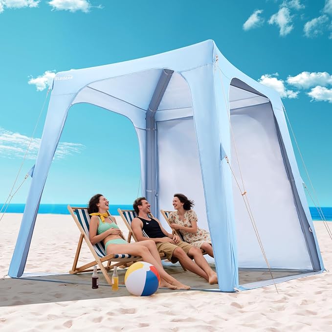 Elegear Inflatable Beach Canopy Tent, 7'x7' Beach Cabana, 30s Setup UPF 50+ UV Protection Portable Blow Up Tent Sun Shade Shelter with Side Curtain, for Camping Fishing Backyard Picnics - 6-8 Person