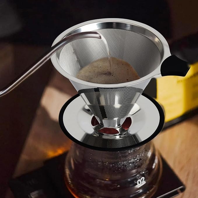Pour Over Coffee Dripper Filter: Reusable Stainless Steel Coffee Filters - Metal Cone Filter Paperless Single Cup Coffee Maker 1-2 Cup with Double Mesh & Non-slip Cup Stand Sliver