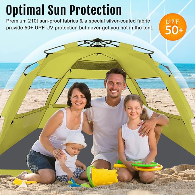 WhiteFang Deluxe Pop Up Beach Tent Sun Shade Shelter for 3-4/5-6 Person, UV Protection, Extendable Floor with 3 Ventilating Windows Plus Carrying Bag, Stakes, and Guy Lines