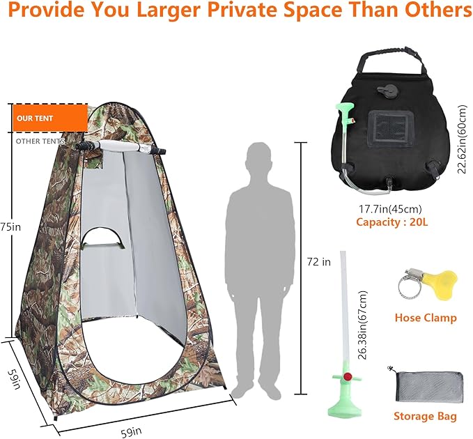 Camping Shower Tent,Pop Up Privacy Tent with Solar Shower Bag,Waterproof Pop Up Shower Tent for Portable Outdoor Toilet Shower Changing Room Sun Shelter Camping (Black/Camouflag/Green)