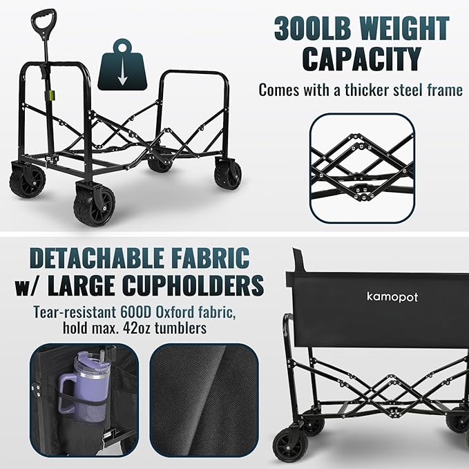 Large Collapsible Wagon Foldable for Grocery, Beach, Park, Yard, 34" x 18" Inner Storage. 300lb Heavy Duty Folding Utility Cart on Big Wheels, Durable w/Cupholders