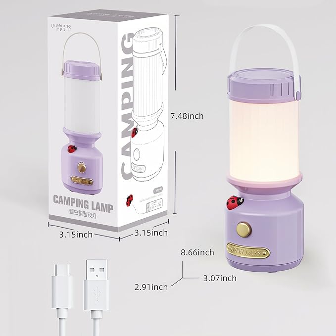 HOMY Retro 7-Star Ladybug Camping Lamp for Kids - USB Rechargeable Kids Lantern, 3-Color Dimmable LED, Tent Hook & Handle, Safe Night Light for Outdoor/Kids Camping Essentials