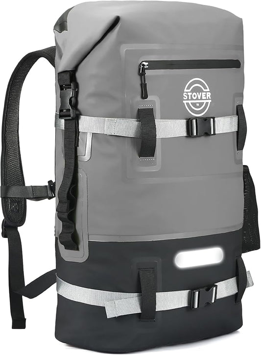 STOVER 5/10/25/30/40/55L Waterproof Dry Backpack- Large Floating Dry Bag for Kayaking, Travel, Tubing, Hiking, Fishing, Camping, Motorcycles & the Beach, Heavy-Duty Roll Top Men/Women (Grey)