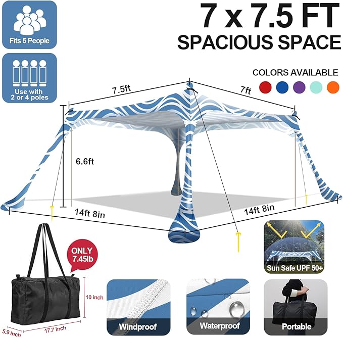 Buheco Beach Tent Pop Up Shade 7x7.5ft Beach Canopy Sun Shelter UPF50+ with 4 Foldable Poles-Portable Carrying Bag-Sand Shovel-Ground Pegs-Windproof Ropes for Outdoor Family Camping-Fishing- Picnic