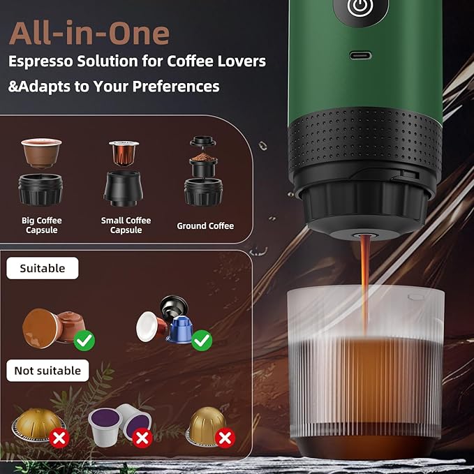 Portable Coffee Maker for Travel & Camping, Portable Espresso Maker for Travel, Rechargeable Cordless Battery Operated Coffee Makers for Ground Coffee, NS Capsule RV, Hiking, Office(Green)