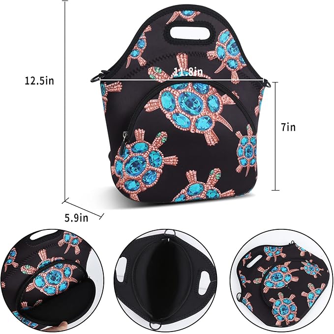 Violet Mist Neoprene Lunch Bag, Gem Turtle, Reusable Insulated Food Carrier, Adjustable Shoulder Strap, 12.6"L x 11.8"H x 6.8"W