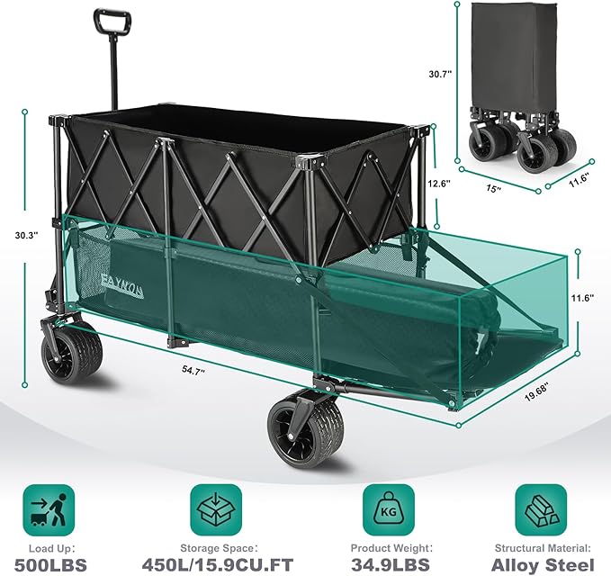 450L Double Decker Wagon with 500lbs Weight Capacity, Utility Wagon Cart Heavy Duty,with Big All-Terrain Beach Wheels & Drink Holders,for Camping, Garden, Sports, Beach, Shopping,Black