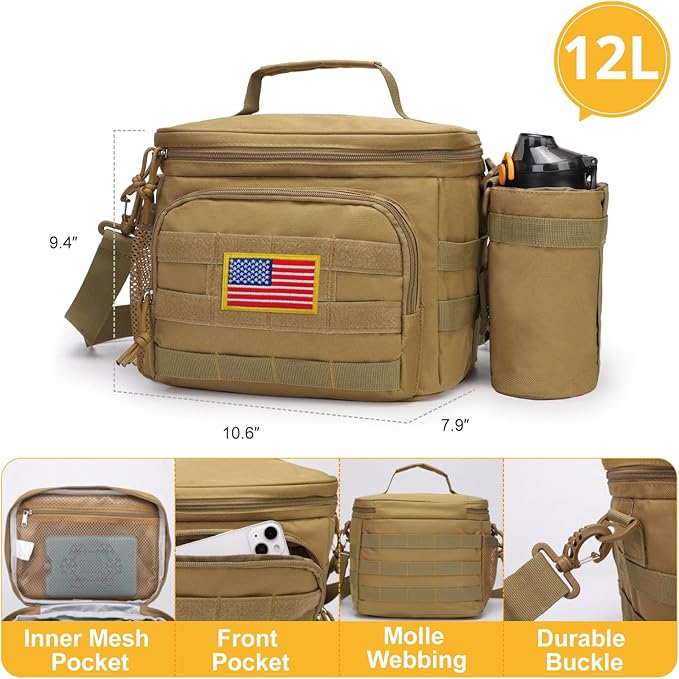 Tactical Lunch Box for Men, Insulated Lunch Bag MOLLE Webbing Leakproof, Cooler Large Lunchbox Women Adult with Adjustable Shoulder Strap Durable, Construction Heavy Duty Lunch Pail, Brown