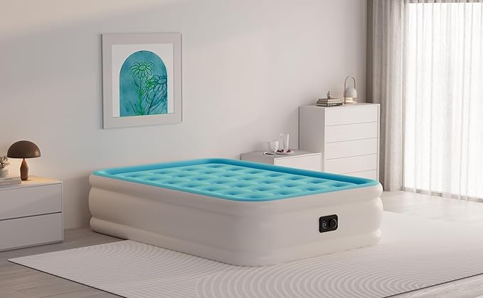 Air Mattress Queen with Built in Pump Raised, Comfort Plush Self Inflating Mattress, Inflatable Blow Up Mattress, Portable Airbed for Home, Guests, Camping(Light Blue, 18” Height)