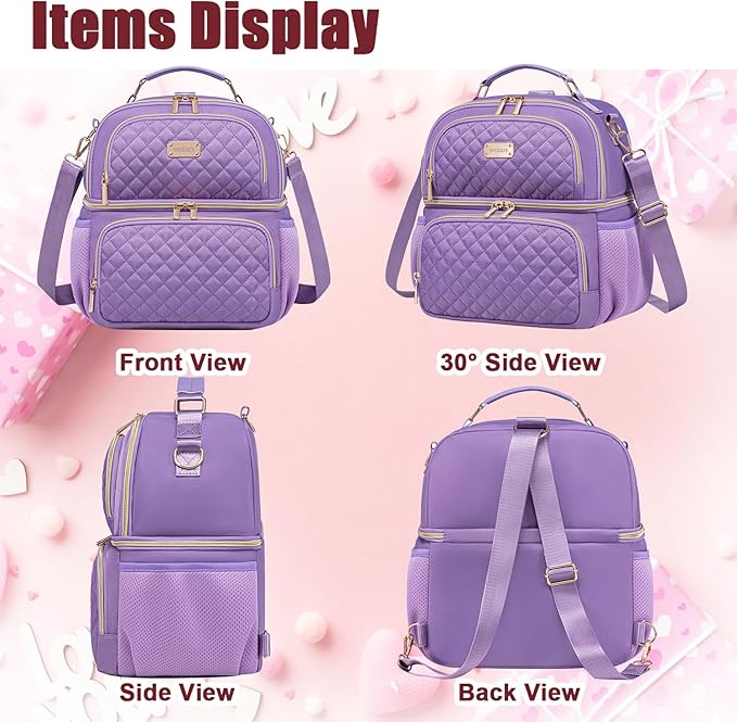 Weitars Lunch Bag for Women,Dual Compartment Lunch Box for Women Lunch Tote for Work,Insulated Leakproof Lunch Cooler Bag with Side Pockets and Adjustable Strap for Hiking,Picnic,Beach