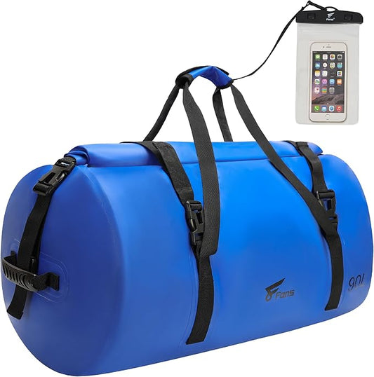8 Fans Extra Large Waterproof Duffle Bag,Heavy Duty Travel Dry Bag with Durable Straps & Handles, Ideal for Kayaking,Paddleboarding,Boating,Rafting,and Fishing (Blue, 90L)