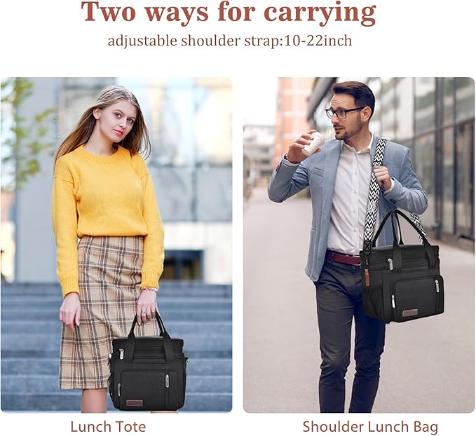 LOKASS Lunch Box for Men/Women-16L-Insulated Lunch Bag, Expandable Double-layer Leakproof Cooler Bag with Upgrade Adjustable Shoulder Strap Ideal for Work/Travel/Picnics（Black）