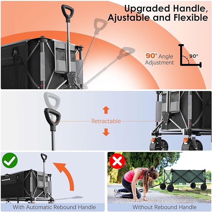300L Collapsible Wagons Cart with Wheels Foldable, 440lbs Heavy Duty Folding Wagon, Upgraded Effortless Elegance, Foldable Wagon for Sports Beach Grocery Camping, Black & Gray