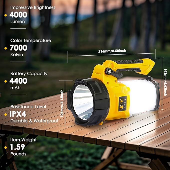 Rechargeable Camping Lantern, 6 Modes LED Flashlight Handheld Spotlight with 2000LM, 4400mAh Power Bank, IPX4 Waterproof Searchlight Work Light for Emergency Hiking Survival Kits