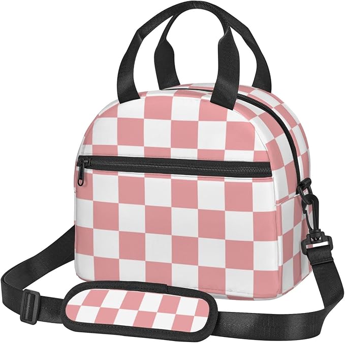 bassyil Pink Checkerboard Lunch Box Reusable Insulated Totes Lunch Bag Thermal Cooler Adjustable Shoulder Strap Bag For Men Women