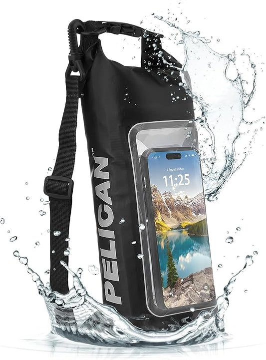 Pelican Marine IP68 Waterproof Dry Bag 2L - Roll Top Waterproof Backpack w/ Phone Case / Pouch - Boating & Kayak Accessories - Essentials for Camping Swimming Beach Fishing Rafting Travel - Black