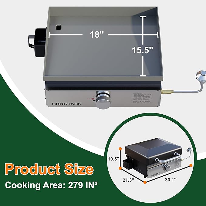 18 Inch Portable Propane Gas Grill with Lid & Stainless Steel Front Plate, Propane Table Top Griddle for Outdoor, Cooking, BBQ, Camping