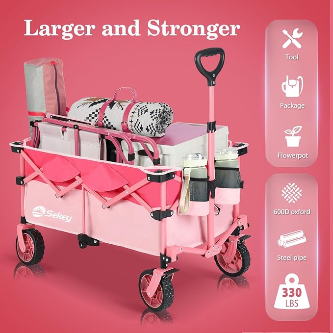 Sekey 330lbs Collapsible Foldable Wagon with Weight Capacity, Heavy Duty Folding Wagon Cart with Big All-Terrain Wheels & Drink Holders. Barbie Pink