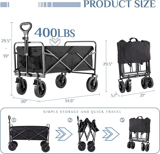DUMOS Foldable Wagons Carts with All-Terrain Wheels, 170L & 400LBS Portable Wagon Large Capacity Utility Cart with Drink Holders, Heavy Duty Collapsible for Sand, Beach, Gardening (Extra Large Black)