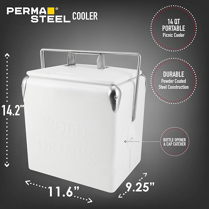 Permasteel Retro Vintage 14-Qt Portable Ice Chest, Hard Metal Beverage Cooler, Personal Cooler for Camping, Beach, Picnic, Classic Style, White