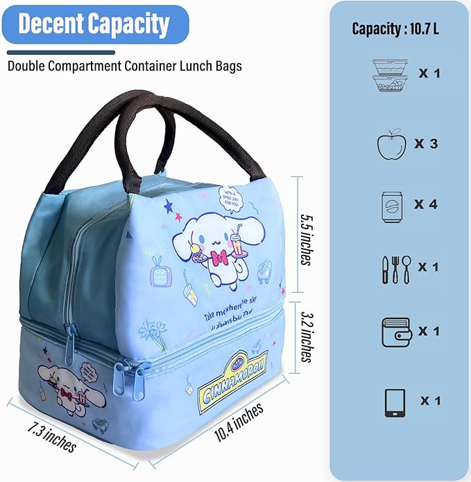 Kawaii Insulated Lunch Bag for Women Men, Cute Reusable Large Capacity Lunch Box, Double Compartment Container Lunch Tote Bag, Thermal Cooler Bag Food Handbags for Work Travel (Blue)