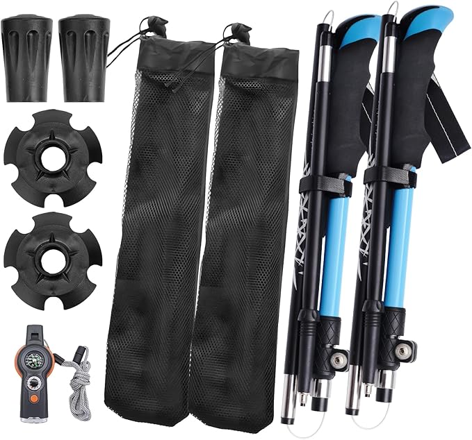 Folding Trekking Poles with an Outdoor Compass, Adjustable Rod Length，Lightweight & Foldable Walking Sticks for City Streets, Snowy Rerrain & Mountain Climbs, Durable Trekking Gear for Men and Women