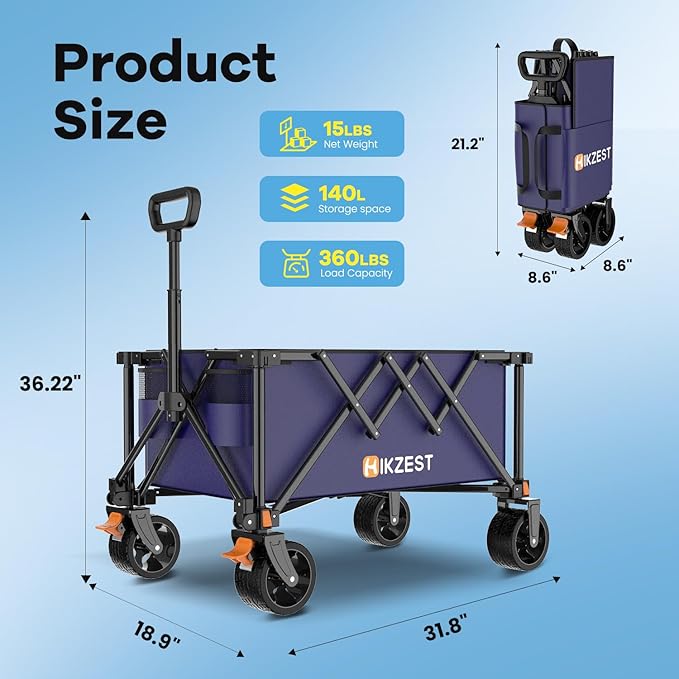 Collapsible Wagon Cart Foldable, 360LBS Heavy Duty Utility Wagon, Beach Wagon with Wider Wheels, Portable Grocery Cart for Camping, Shopping, Garden, Sports, Blue
