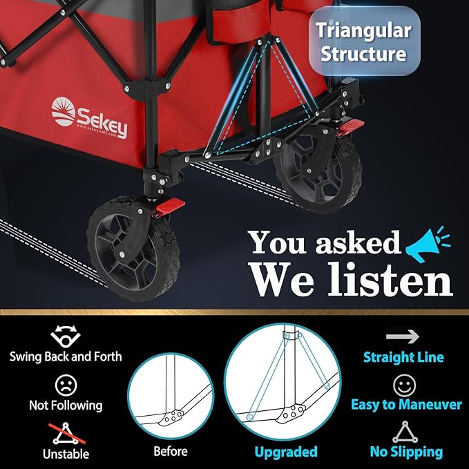 Sekey 220L Collapsible Foldable Wagon with 330lbs Weight Capacity, Heavy Duty Folding Wagon Cart with Big All-Terrain Wheels & Drink Holders (Red&Grey)