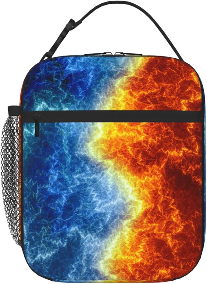 SARA NELL Cool Fire and Ice Abstract Fractal Lightning Insulated Lunch Bag Fire and Ice Lunch Cooler Box for Women Men Teens Kids, Reusable Lunch Tote Bag for Work, Picnic, School or Travel