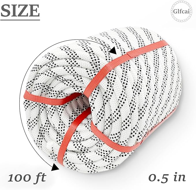Climbing Rope 1/2 in x 150 Ft White Bull Rope Polyester Braided Arborist Rope 1/2 inch 48 Strands 150ft for Tree Pulling,Nautical Rigging Rope Swing