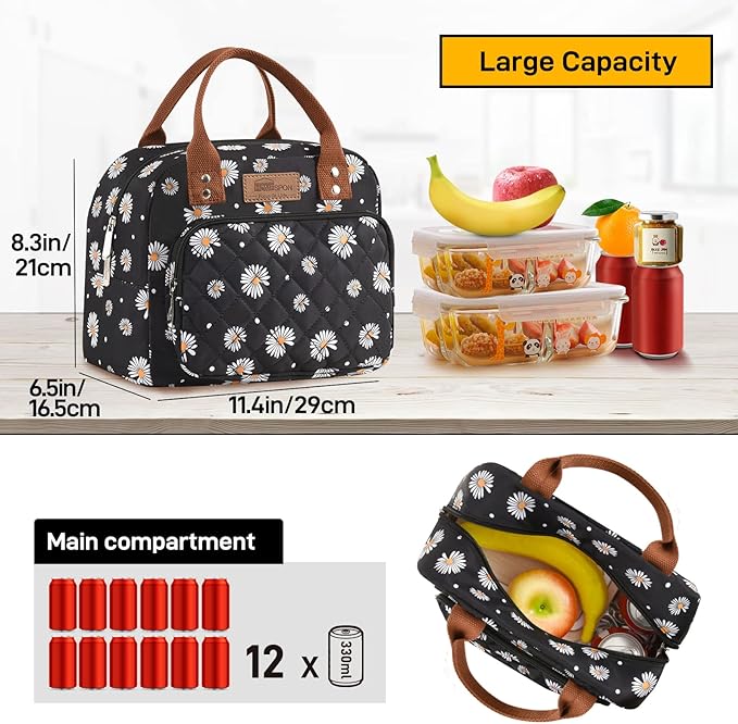 Buringer HOMESPON Lunch Bag for Woman Man Adults with Front Pocket Insulated Lunch Tote Lunch Box Container for Work Picnic or Travel（Daisy）