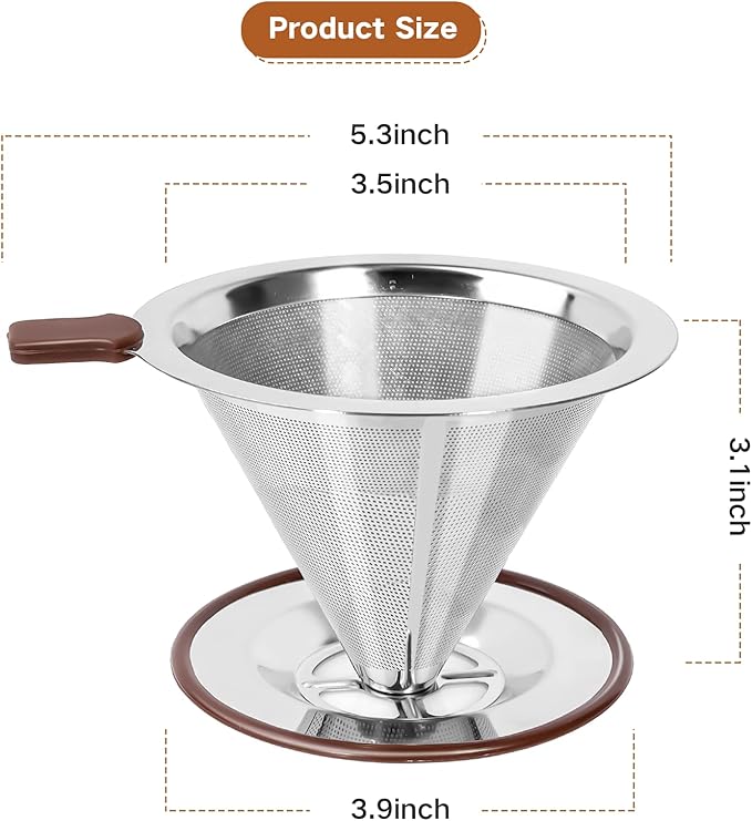 Pour Over Coffee Dripper, Reusable Paperless Coffee Filter,Professional Stainless Steel Drip Cone Brew Coffee Strainer,Upgraded Double Micro Mesh Filter with Cup Stand,1-4 Cup