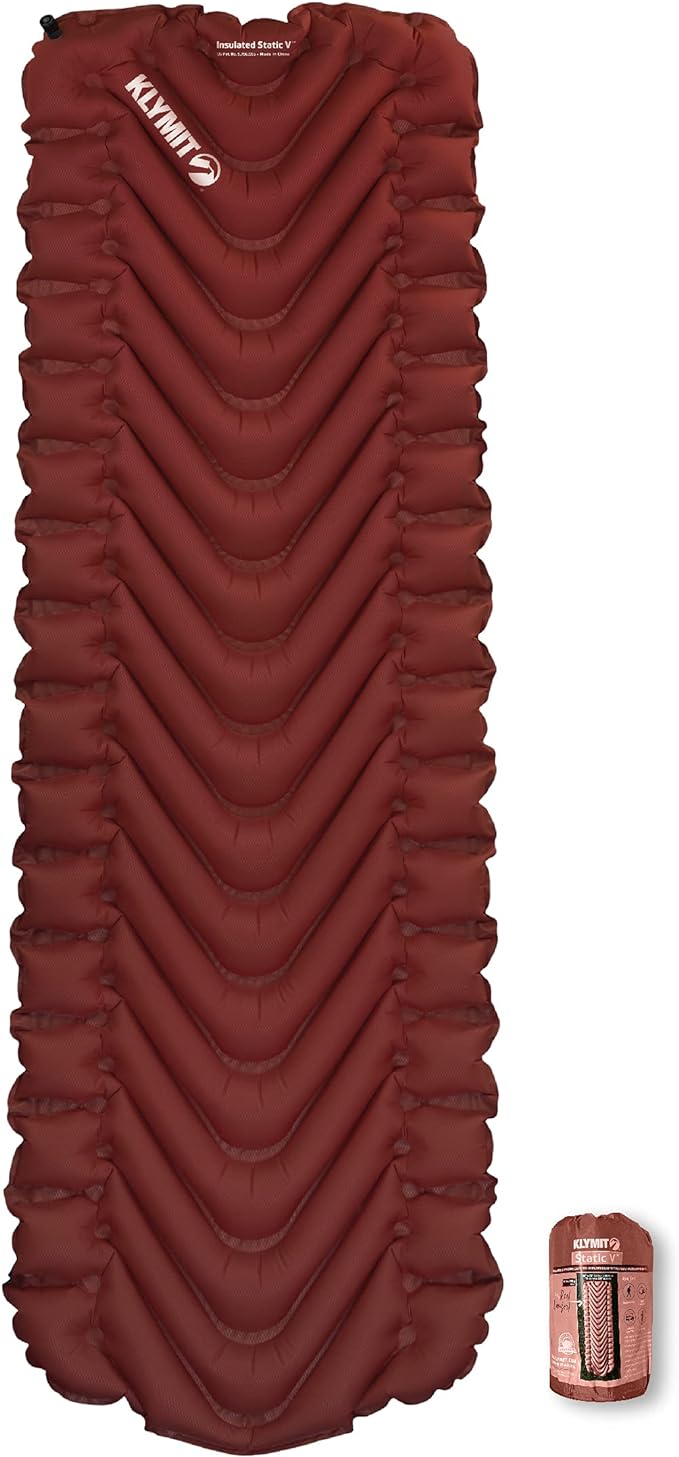 KLYMIT Insulated Static V Inflatable Sleeping Pad | Comfortable, Lightweight, Easy to Inflate, Portable Air Bed Mattress for Camping, Backpacking and Hiking — Red
