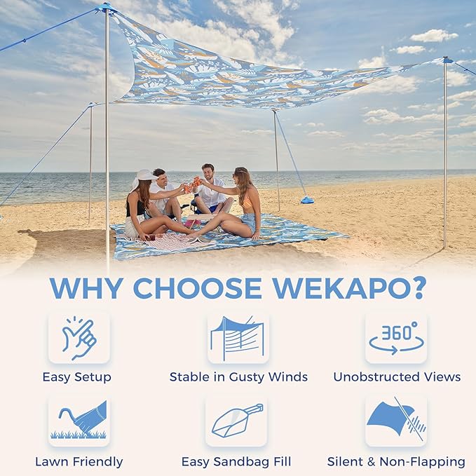 WEKAPO Beach Tent Sun Shelter - Easy Setup Beach Canopy with 4 Sturdy Poles, Large Sandbags and Shovel, 7'1'' Tall, Windproof Sun Shade for Backyard and Camping, UPF 50+ Protection