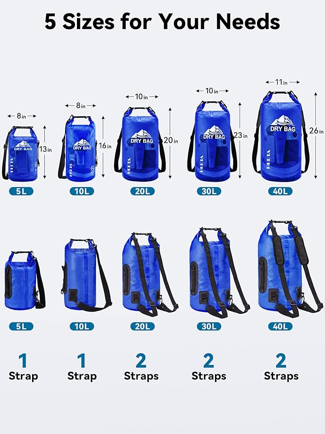 HEETA Dry Bag Waterproof for Women Men, 5L/10L/20L/30L/40L Roll Top Lightweight Dry Storage Bag Backpack with Phone Case for Travel, Swimming, Boating, Kayaking, Camping & Beach, 11 Transparent Colors