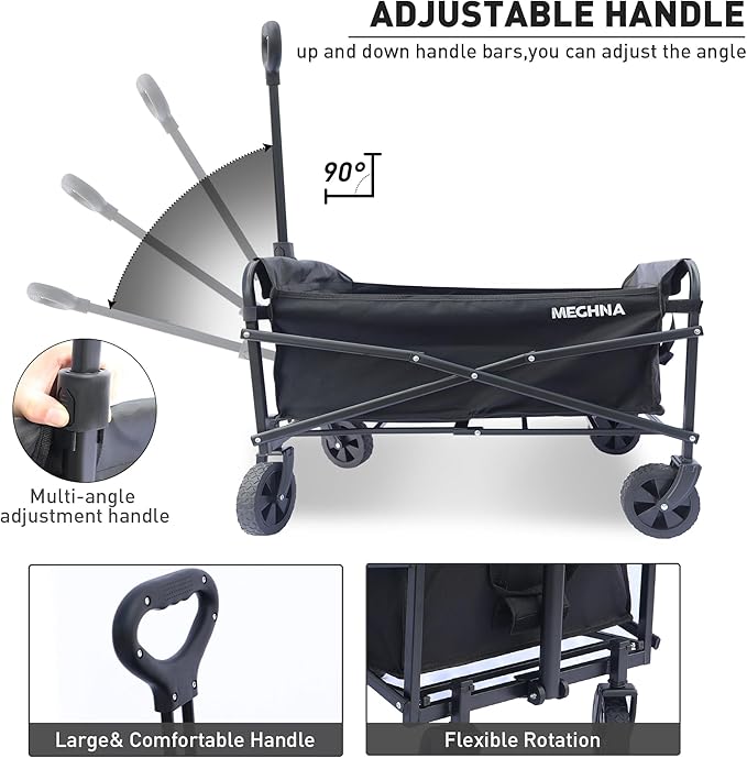 Collapsible Folding Wagon Cart with 5" All Terrain Wheels Heavy Duty Folding Portable Wagon 110L Capacity for Camping, Sports, Shopping Black