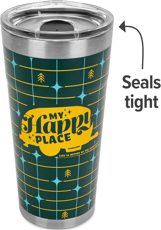 Camco Life is Better at The Campsite Tumbler | Heavy Duty Double Wall Vacuum Insulation | Crafted of 18/8 Stainless Steel | Unique “My Happy Place” Text w/Yellow Retro RV Design | 20-oz (53325)