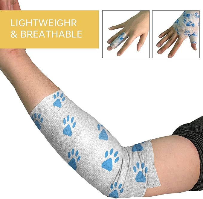 Risen Self Adhesive Bandage Wrap 6 Pack,2”x 5 Yards Medical Tape for Christmas Gifts,Gauze Rolls First Aid Vet Wrap Adherent Bandages for Sports,Dogs Pet (White Paw)