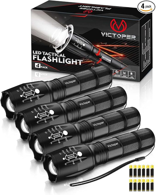 Victoper LED Flashlight 4 Pack, Bright Tactical Flashlights High Lumens with 5 Modes, Waterproof Zoomable Flash Light for Outdoor, Gifts for Christmas Stocking Camping Essentials Gear