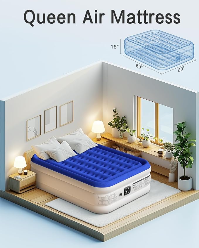 Queen Air Mattress with Built in Pump Luxurious Comfort 18"Raised Inflatable Mattress Queen Airbed Blow Up Mattress for Home and Guests 80"*60"*18"Air Bed 3 Mins Fast Inflate/Deflate 660lbs Max