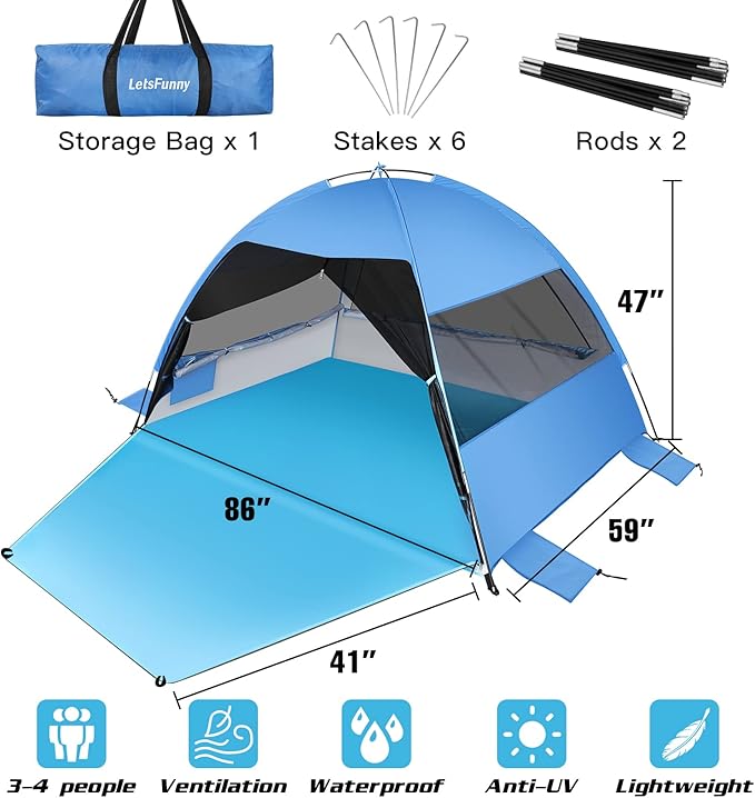 Large Easy Setup Beach Tent,Anti-UV Beach Shade Beach Canopy Tent Sun Shade with Extended Floor & 3 Mesh Roll Up Windows Fits 3-4 Person,Portable Shade Tent for Outdoor Camping Fishing (Blue)