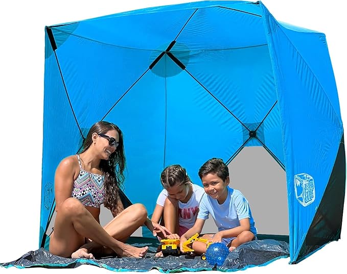 Beach Cube Pop Up Beach Tent Portable Shade Sun Shelter UPF50+ UV Protection for 4 Person Expandable Floor for Beach Fishing Hiking Camping – Beach Blue Color New