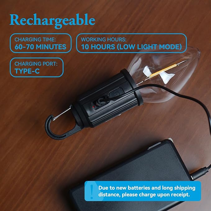 Rechargeable LED Battery Operated Lights, 3 Modes Press Switch Hanging Lamp, Tubular Gaze Lights, Portable Outdoor Lantern for Patio Waterproof, 1 Pack