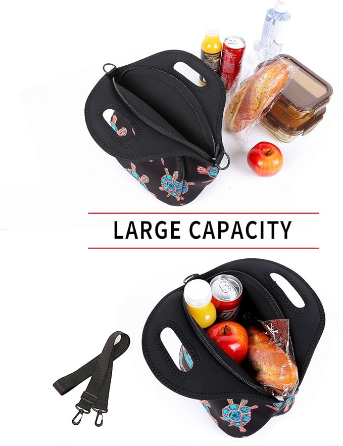 Violet Mist Neoprene Lunch Bag, Gem Turtle, Reusable Insulated Food Carrier, Adjustable Shoulder Strap, 12.6"L x 11.8"H x 6.8"W